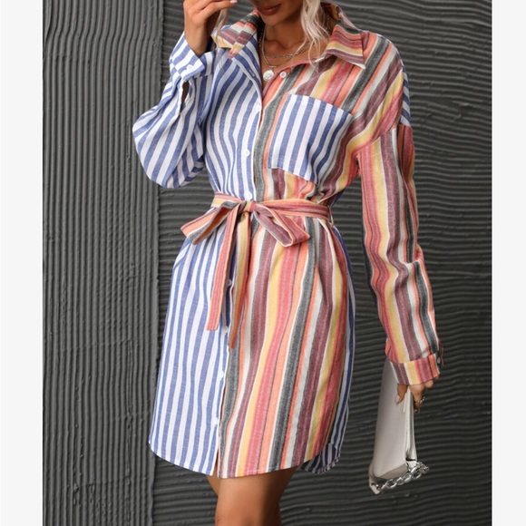 Colorful Striped Print Button Down Shirt Dress WITHOUT BELT - Picture 3 of 9
